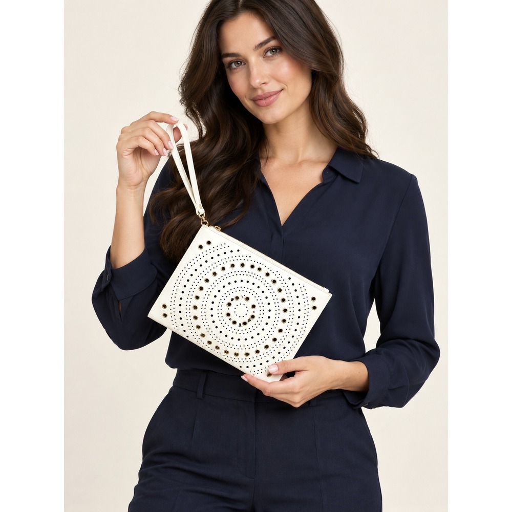 White Laser Cut Perforated Grommet Wristlet Clutch Bag with Gold Accents